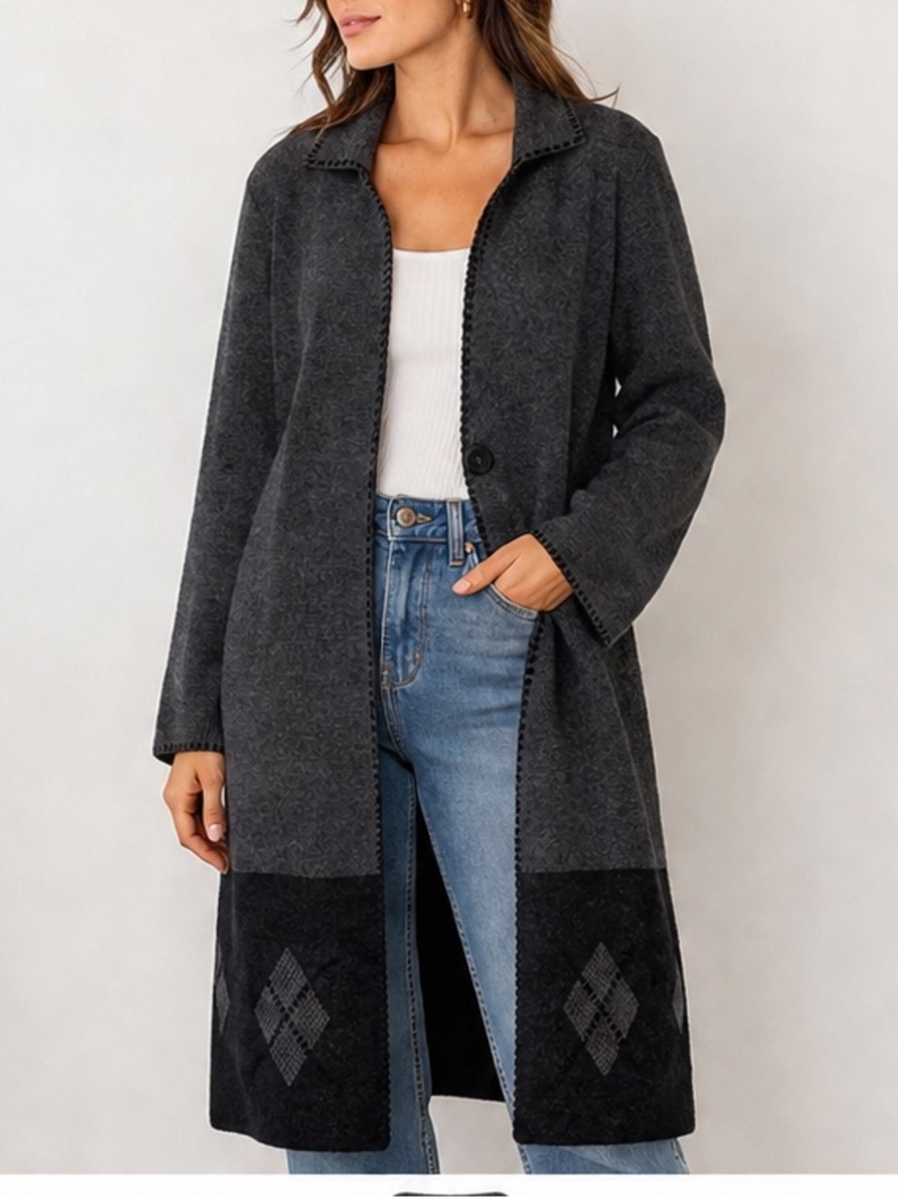 Sarah Spencer Lambswool Cardigan Charcoal Black Argyle Hem Sweater Medium